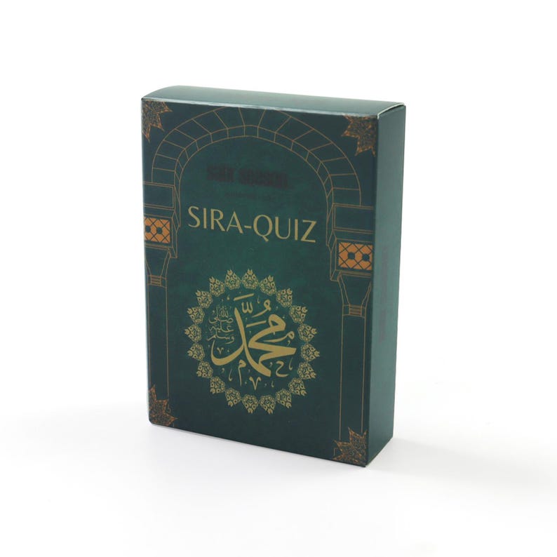 May include: A green box with gold accents and the text "SIRA-QUIZ" on the front. The box features an ornate design with an Arabic inscription in a gold circle.