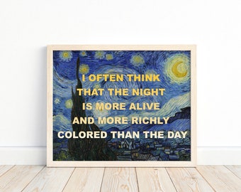 Starry Night Poster, Van Gogh Print, Modern Reproduction with Artist Quote