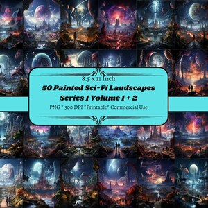 50枚のSFファンタジー風景画第1巻+第2巻、印刷可能なデジタルペーパー、マジカルペーパー、ファンタジーカード、ダウンロード可能なジャーナル、スクラップブック