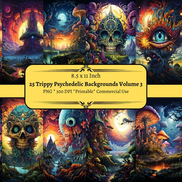 25 Trippy Psychedelic Backgrounds Volume 3 Digital, Hippy Digital Backgrounds, Dream Digital Backdrop, Magic Mushrooms,PNG Set, Scrapbooking
