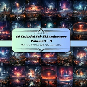 50 paysages de science-fiction colorés, volume 7 + 8, papier numérique, paysages de science-fiction, papier numérique, journal papier téléchargeable, album de scrapbooking