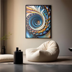 May include: A framed abstract art print with a spiral design in shades of blue, yellow, and orange hangs above a cream-colored beanbag chair. A black side table and a black cylindrical table with a small pillow are also in the room.