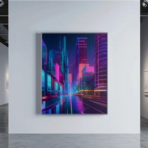 May include: A framed artwork depicting a futuristic cityscape with neon lights. The artwork features tall buildings in shades of blue, pink, and purple, with a reflective street. The artwork is displayed in a white gallery space.
