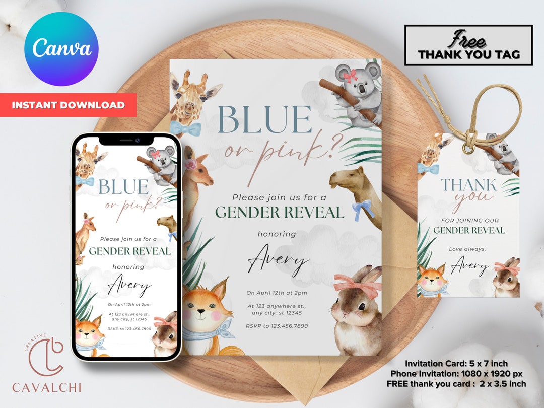 Safari Gender Reveal Invitation Card Editable Template Etsy