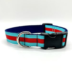 May include: A blue, red, and turquoise striped dog collar with a black plastic buckle and a silver D-ring.