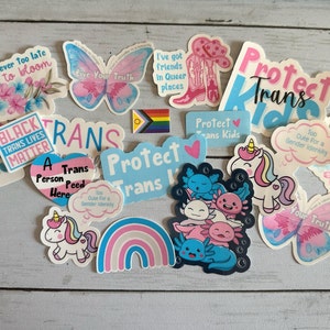 Pode incluir: Uma coleção de adesivos coloridos com vários designs e mensagens, incluindo borboletas, arco-íris, unicórnios, axolotes e texto como "Proteger Crianças Trans", "Black Trans Lives Matter" e "Nunca é tarde demais para florescer".