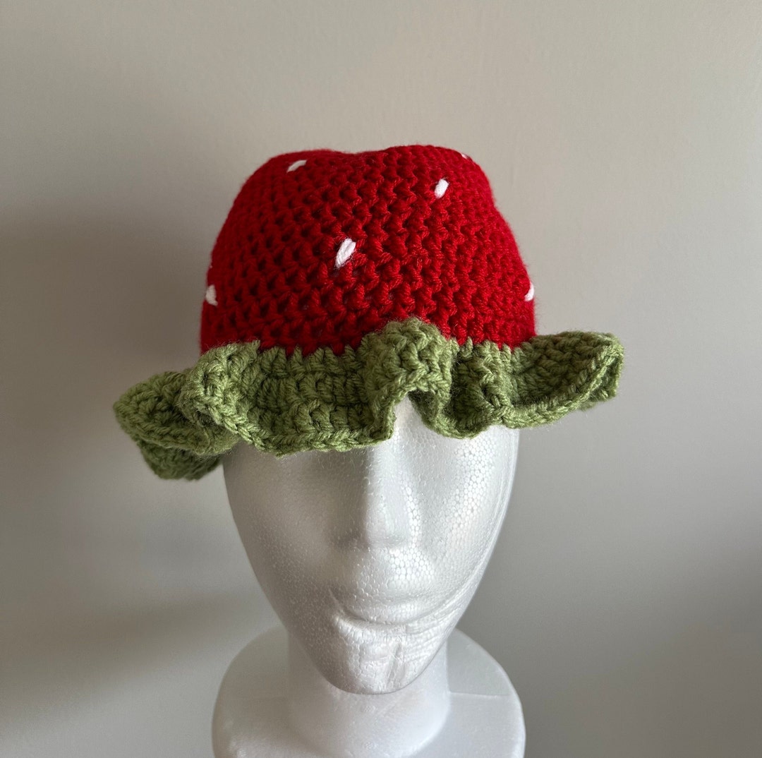 Handmade Strawberry Crochet Bucket Hat For Women & Girls - Knitted Fishing Hat, One Size Fits 50-60cm