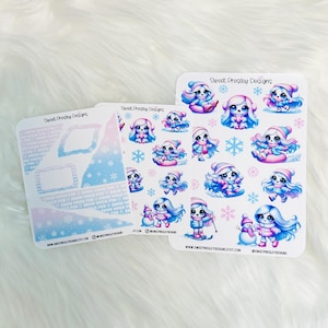 May include: Three sticker sheets featuring winter-themed illustrations. The stickers showcase cute characters in winter attire, snowflakes, and the text "Snow Much Fun." The color palette includes blue, pink, and white, with the brand name "Sweet Presley Designs."