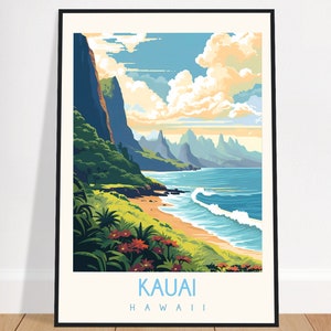 Kauai Travel Poster Hawaii Vintage USA Wall Art Home Decor Hawaiian Beach Art Print Bedroom Living Room Gift Framed