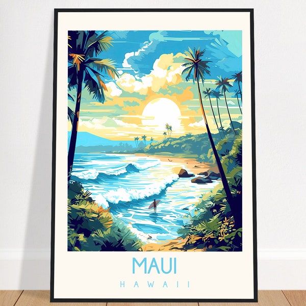 Maui Travel Poster Kahului Hawaii Vintage USA Wall Art Home Decor Hawaiian Beach Art Print Bedroom Living Room Surf Gift Framed