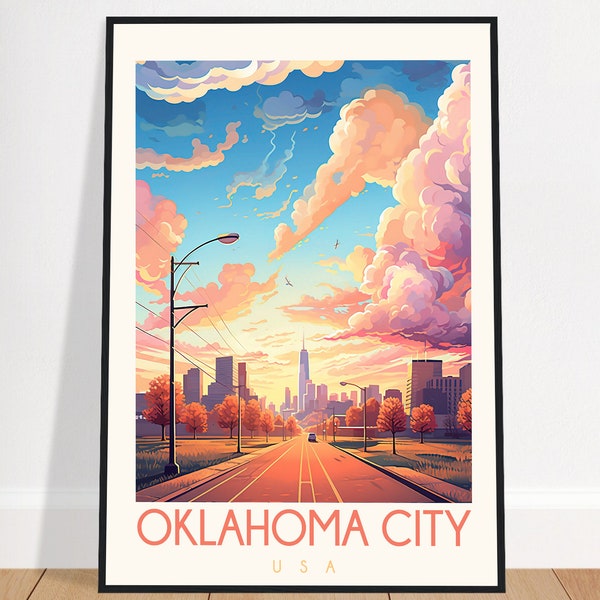 Oklahoma City Travel Poster USA Vintage City Skyline Wall Art OKC Home Decor Art Print Bedroom Gift Framed