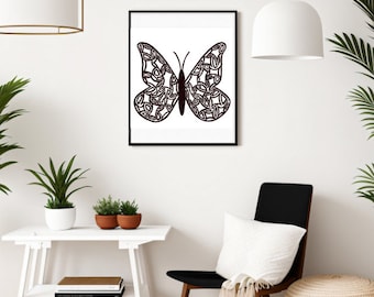 Mariposa, arte de mariposas, mariposa blanca y negra, dibujo de mariposa, boceto de mariposa, mariposa abstracta, arte infantil, arte de pared,
