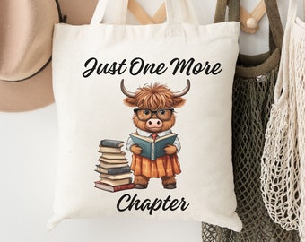 Highland Cow Canvas Tote Bag, One More Chapter Tote, Scotland Travel, Gift for Book Lover, Love Cows, Scottish Heritage Bag, Scotland Gift