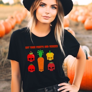 Fruits and Veggies Shirt, Halloween Shirt, Gift for Vegetarian, Funny Halloween Costume, Healthy Living Shirt, Halloween Gift, Skeleton Tee