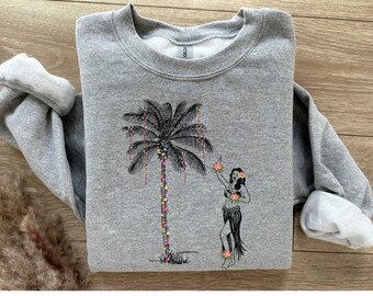 Palm Tree Hula Girl Shirt, Vintage Hula Dancer Sweatshirt, Gift for Hawaii Lover, Tropical Holiday, Luau Sweater, Tropical Top, Aloha Tee
