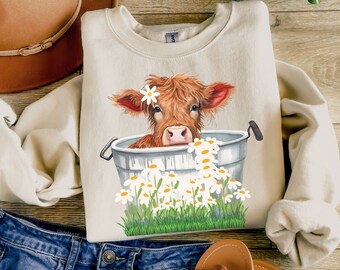Highland Cow Sweatshirt, Farm Shirt for Women, Gift for Cow Lover, Scotland Cow Sweatshirt, Floral Cow Shirt, Funny Cow Shirt, Highland Farm