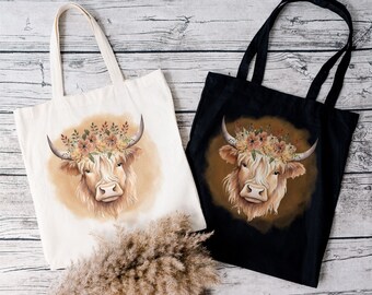 Highland Cow Canvas Tote, Floral Cow Tote Bag, Gift for Cow Lover, Love Cows, Fluffy Cow, Cow Grocery Bag, Western Tote, Cottagecore Bag