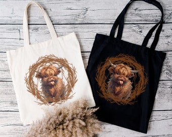 Highland Cow Canvas Tote, Cute Cow Tote Bag, Gift for Cow Lover, Love Cows, Fluffy Cow, Baby Cow Grocery Bag, Western Tote, Funny Cow Bag