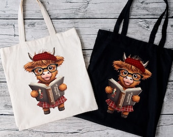 Highland Cow Tote Bag, Scotland is Calling Tote, Scottish Heritage Canvas Bag, Travel Scotland Gift, Book Lover Gift, Love Scotland Gift