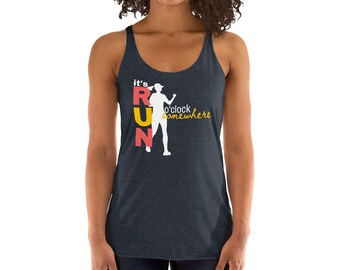 May include: A navy blue tank top with a white silhouette of a runner and the text "it's RUN o'clock somewhere" in red and yellow.