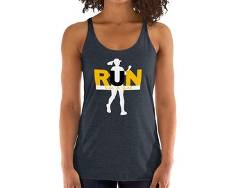May include: A navy blue racerback tank top with a white silhouette of a woman running and the text "RUN like a girl" in yellow and black letters.