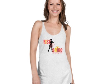 May include: A white tank top with a black silhouette of a woman running and the text "Rise & Shine It's running time".