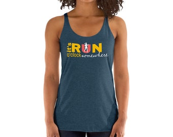 May include: A navy blue tank top with a white silhouette of a runner in the center of the word "RUN" in yellow and red. The text "it's o'clock somewhere" is written below the word "RUN".