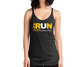 May include: A black tank top with a yellow and white graphic that says "It's RUN o'clock somewhere".