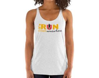 May include: White tank top with a yellow and red graphic that says "It's Run o'clock somewhere".