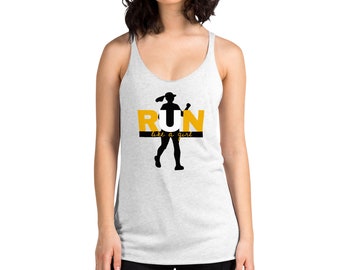 May include: A white tank top with a black silhouette of a woman running and the text "RUN like a girl" in yellow letters.
