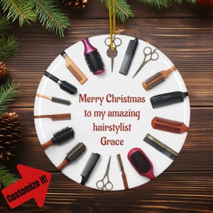 Personalized Ceramic Christmas Ornament for Hairstylist Custom Name and Message Double Sided Holiday Gift for a Hairdersser