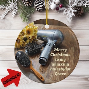 Personalized Ceramic Christmas Ornament for Hairstylist Custom Name and Message Double Sided Holiday Gift for a Hairdersser
