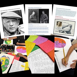 May include: An educational art lesson set featuring printed sheets about Pablo Picasso and Georges Braque, including historical photographs, a postage stamp image, and various activity pages with geometric face outlines and eye illustrations.