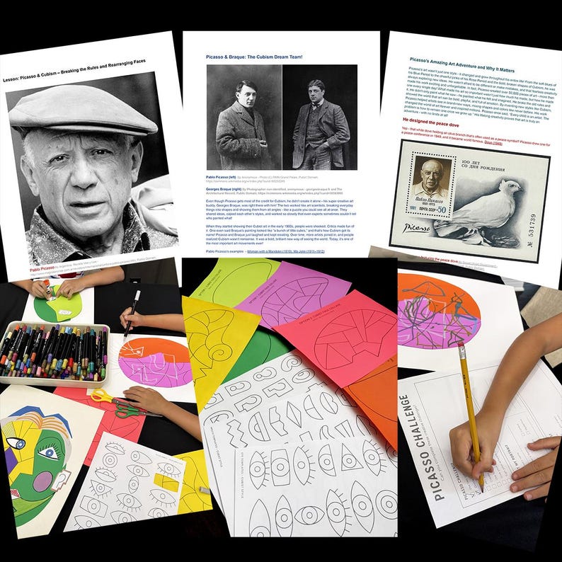 May include: An educational art lesson set featuring printed sheets about Pablo Picasso and Georges Braque, including historical photographs, a postage stamp image, and various activity pages with geometric face outlines and eye illustrations.