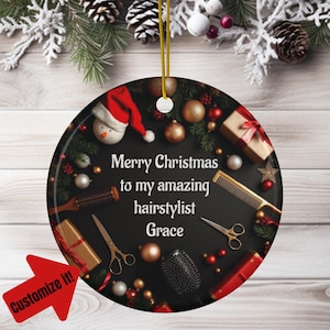 Personalized Ceramic Christmas Ornament for Hairstylist Custom Name and Message Double Sided Holiday Gift for a Hairdersser