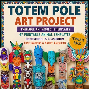 Op de afbeelding: Een afbeelding met een "Totempaal Kunstproject" met de tekst "Printbaar Kunstproject & Sjablonen". De afbeelding toont verschillende geïllustreerde totempalen met dierontwerpen, geschikt voor thuisonderwijs en klaslokaal.