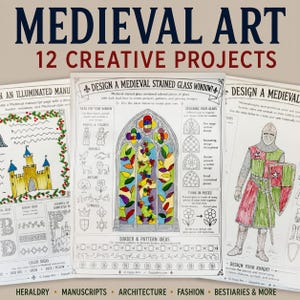 May include: A set of three educational activity sheets titled Medieval Art 12 Creative Projects. The pages feature black and white line drawings for coloring and design tasks, including an illuminated manuscript, a stained glass window, and a knight.
