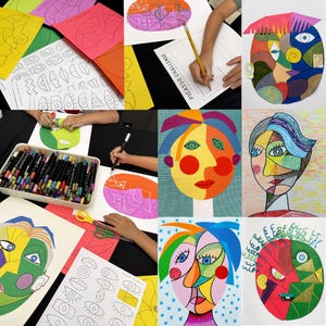 May include: A collection of art project materials including printed worksheets with geometric eye and face shapes, colored construction paper, markers in a plastic tray, scissors, and finished portraits featuring abstract, multi-colored faces.