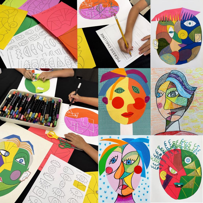 May include: A collection of art project materials including printed worksheets with geometric eye and face shapes, colored construction paper, markers in a plastic tray, scissors, and finished portraits featuring abstract, multi-colored faces.