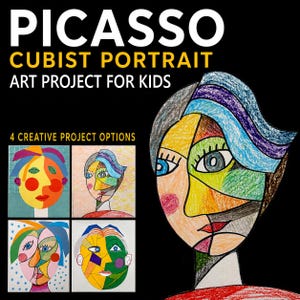 Op de afbeelding: Een digitaal educatief hulpmiddel getiteld PICASSO CUBIST PORTRAIT ART PROJECT FOR KIDS met 4 CREATIVE PROJECT OPTIONS. De afbeelding toont vijf kleurrijke, handgetekende portretten met geometrische vormen, dikke lijnen en levendige kleurpotloodtexturen.