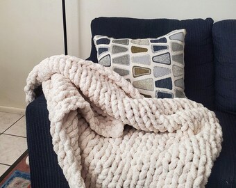 Chunky Hand Knit Blanket, Chenille, Ivory, Throw, Gift (48" x 56")