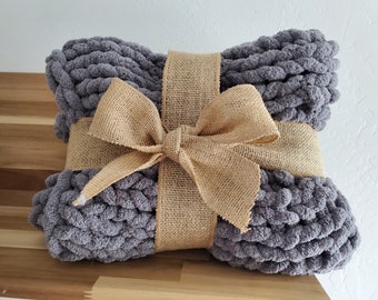 Chunky Hand Knit Baby Blanket, Lap Throw, Chenille, Dark Grey, Gift (30" x 40")