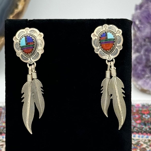 Vintage QT Quoc Carolyn Pollack Multi Gem Inlay Feather Dangle Earrings