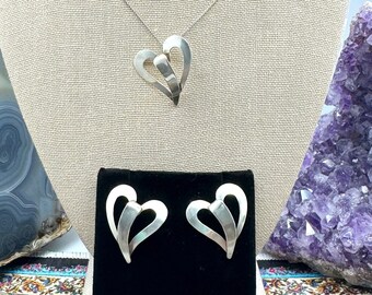 Vintage Sterling Silver Modern Heart Earring and Pendant Set - 5.5 grams