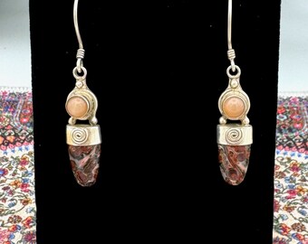 Vintage Sajen Designer Peach Moonstone, Leopard Jasper and Sterling Silver Drop Earrings