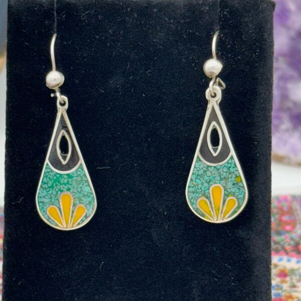 Vintage Mexico City .925 Sterling Turquoise and Stone Inlay Chip Earrings - Teal and Yellow Floral Design Marked MH-04.