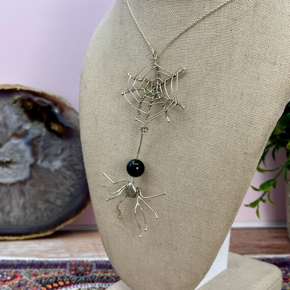 Artisan Made Sterling Silver and Onyx Spider with Spider Web Pendant - Chain Included - Halloween - Goth View 2