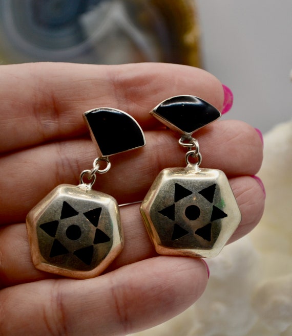 Vintage Taxco .925 Sterling and Onyx drop earring… - image 2