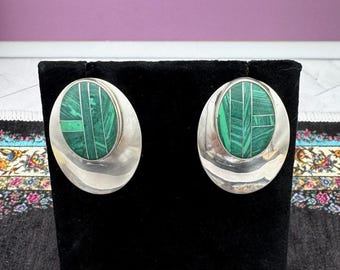 Vintage Southwest Style Sterling and Malachite Inlay Earrings