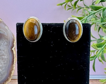Vintage Denna Platero Sterling Silver and Tiger's Eye Clip On Oval Earrings - Navajo artisan